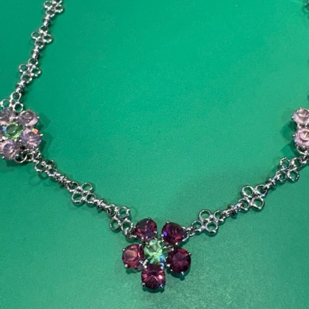 Nolan Miller necklace-Silver tone-Three flowers with pink & purple stones